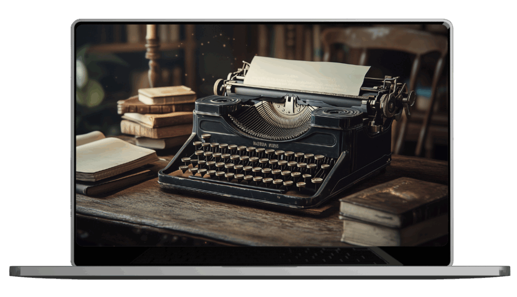 Dunkelzeilen Vintage Schreibmaschine im Display eines Laptops